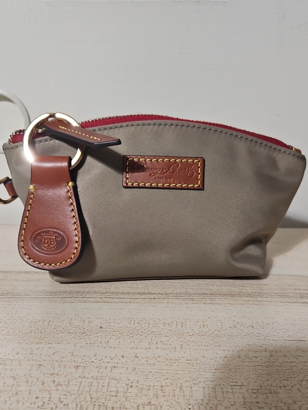 Dooney & Bourke NWT Olive Nylon Pouch with Brown Leather Matching Key Fob